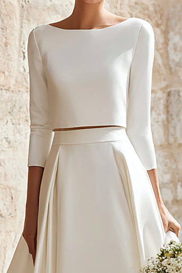 Ivory Boat Neck Satin 2 Piece Sweep Train A Line Wedding Dress